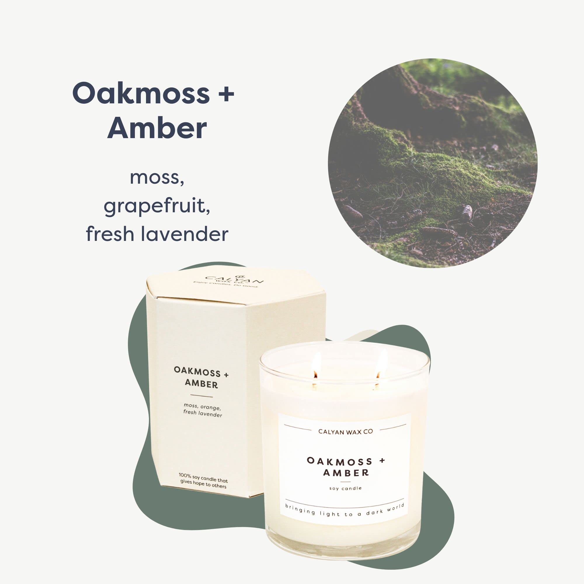 Calyan Oakmoss & Amber 2-wick candle close up shows clean soy wax.