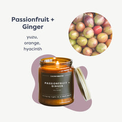 Calyan Wax Co. Passionfruit & Ginger in amber jar adds elegant ambiance.