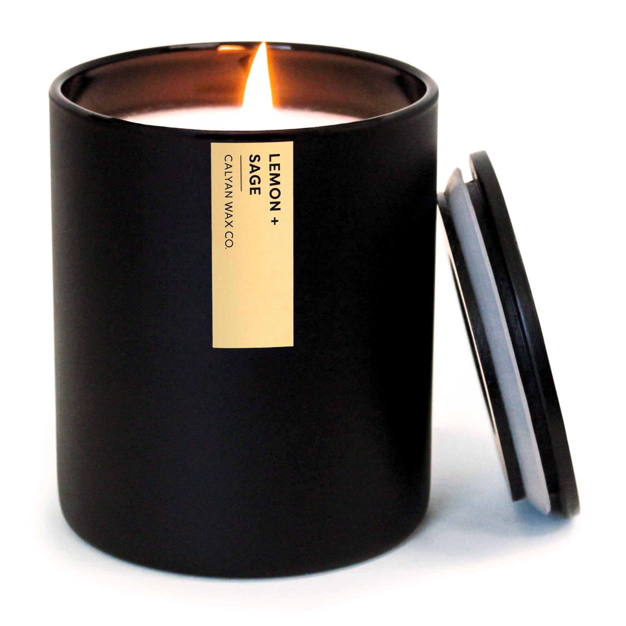 Calyan Wax Co Passionfruit & Ginger candle in a black tumbler enhances room fragrance