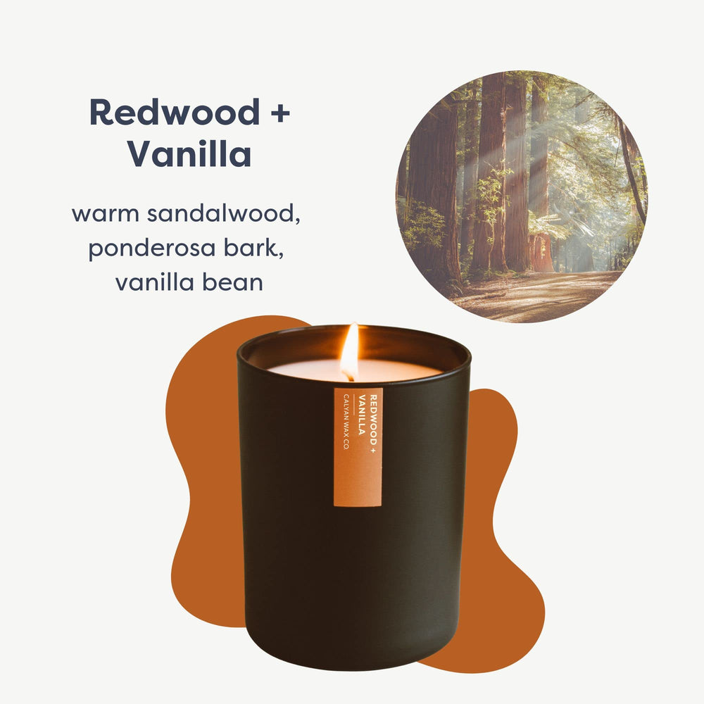 Calyan Wax Co. Redwood & Vanilla candle top view with glow for cozy evenings.