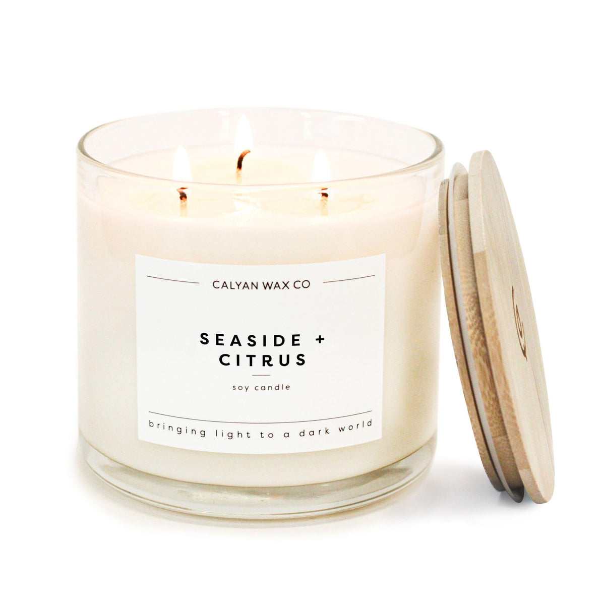 Calyan Wax Co Seaside & Citrus 3-wick candle in glass jar for large rooms