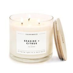 Calyan Wax Co Seaside & Citrus 3-wick candle in glass jar for large rooms