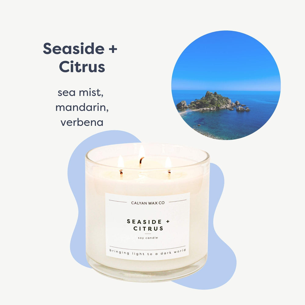 Calyan Wax Co Seaside & Citrus label-closeup highlights premium soy and clean burn