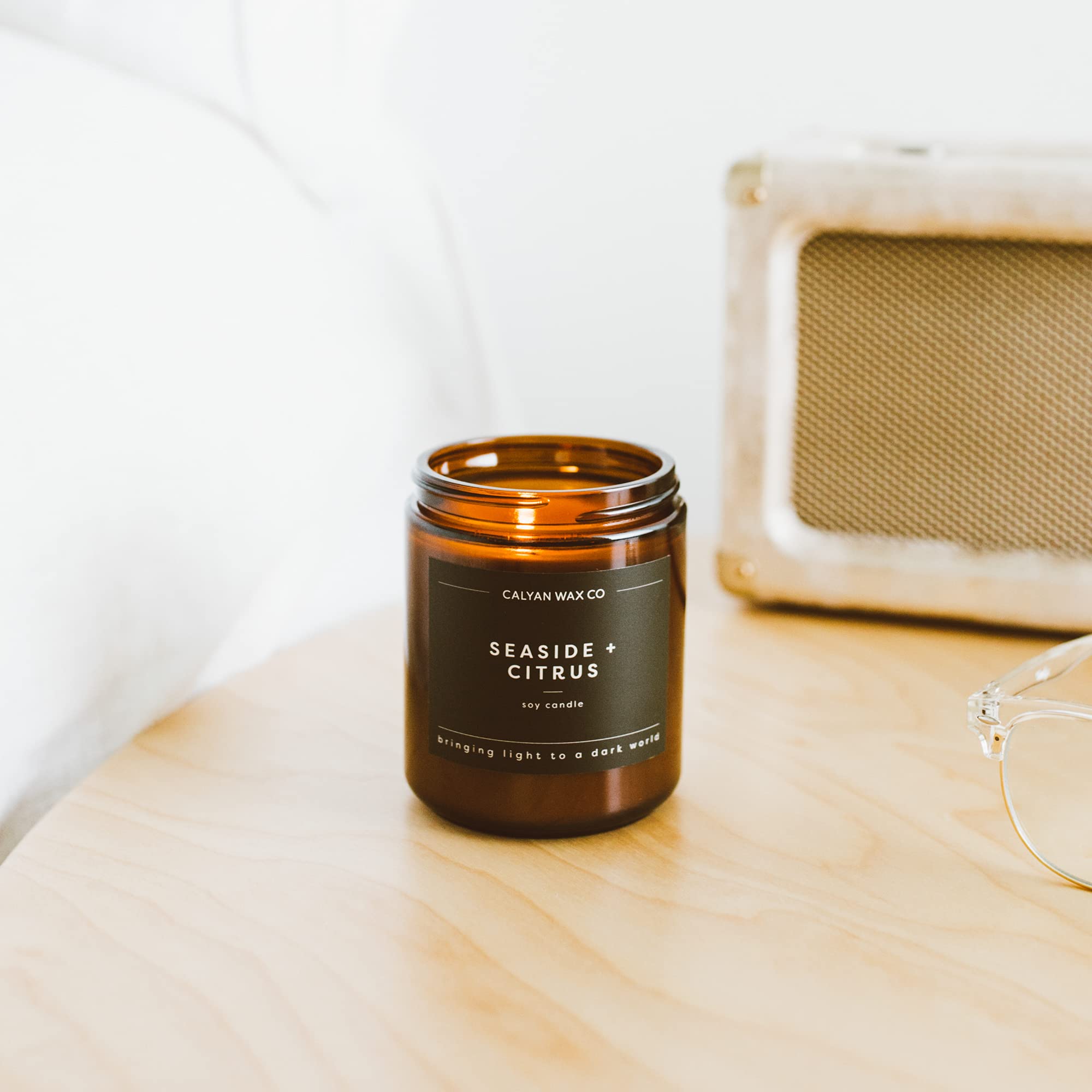 Calyan Wax Co. Seaside Citrus wick detail showing metal-free cotton wick