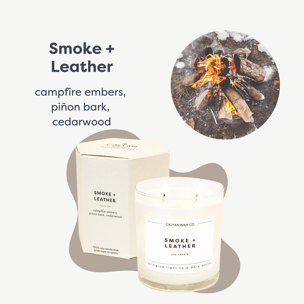 Calyan Wax Co Smoke and Leather 2-wick closeup highlighting even burn
