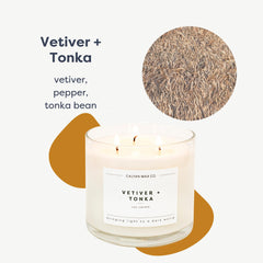Calyan Wax Co Vetiver and Tonka 3 Wick candle label closeup, premium finish.