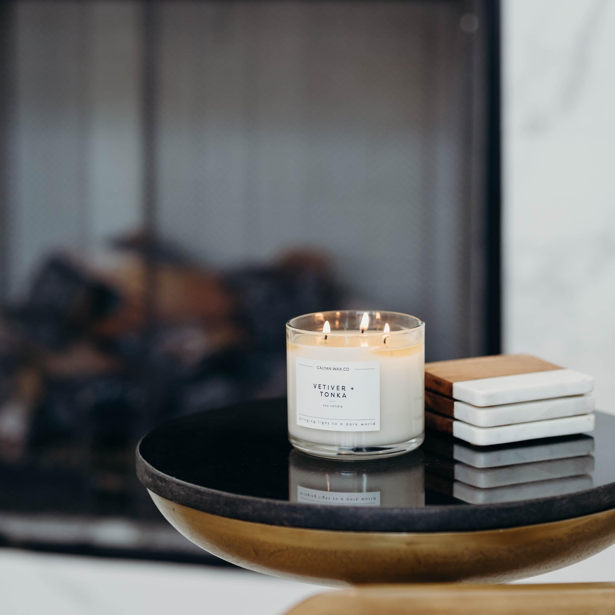 Calyan Wax Co Vetiver and Tonka 3 Wick candle packaging exudes premium gifting vibes.