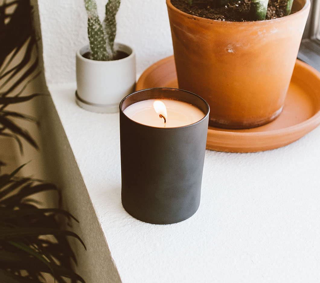 Calyan Wax Co. Vetiver & Tonka black tumbler complements modern decor