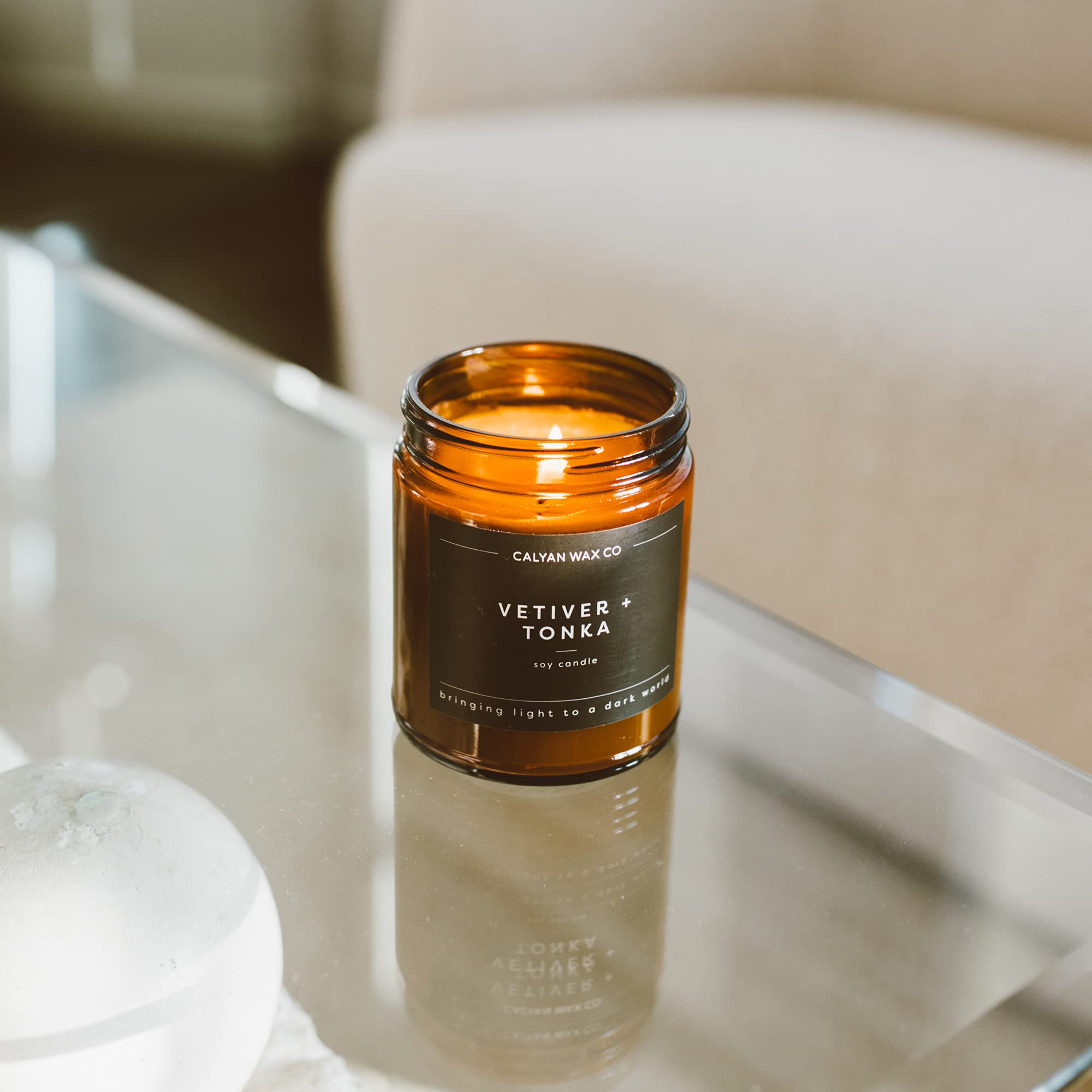Calyan Wax Co Vetiver and Tonka candle gift packaging ready for gifting.