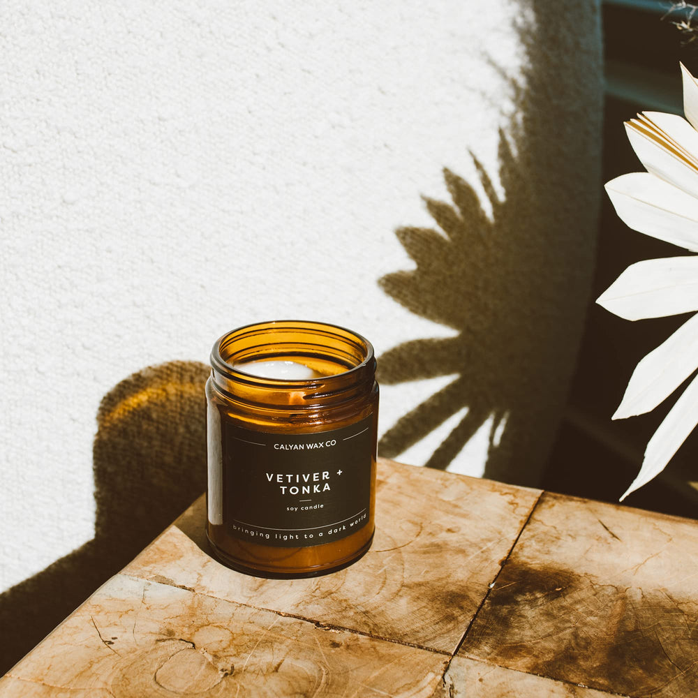 Calyan Wax Co Vetiver and Tonka candle label art features premium design.