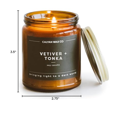 Calyan Wax Co Vetiver and Tonka candle scent profile highlights vetiver and tonka notes.