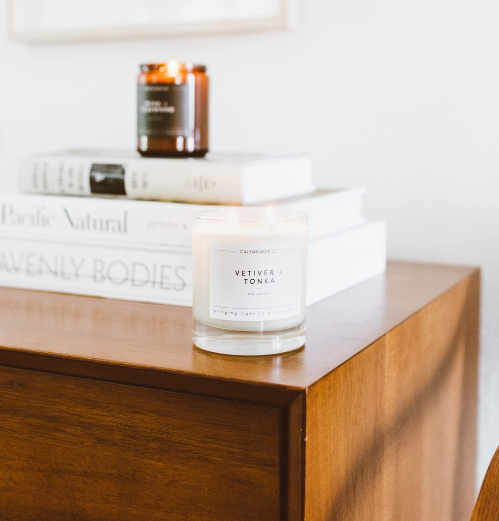 Calyan Wax Co Vetiver Tonka wax detail shows smooth soy and natural finish.