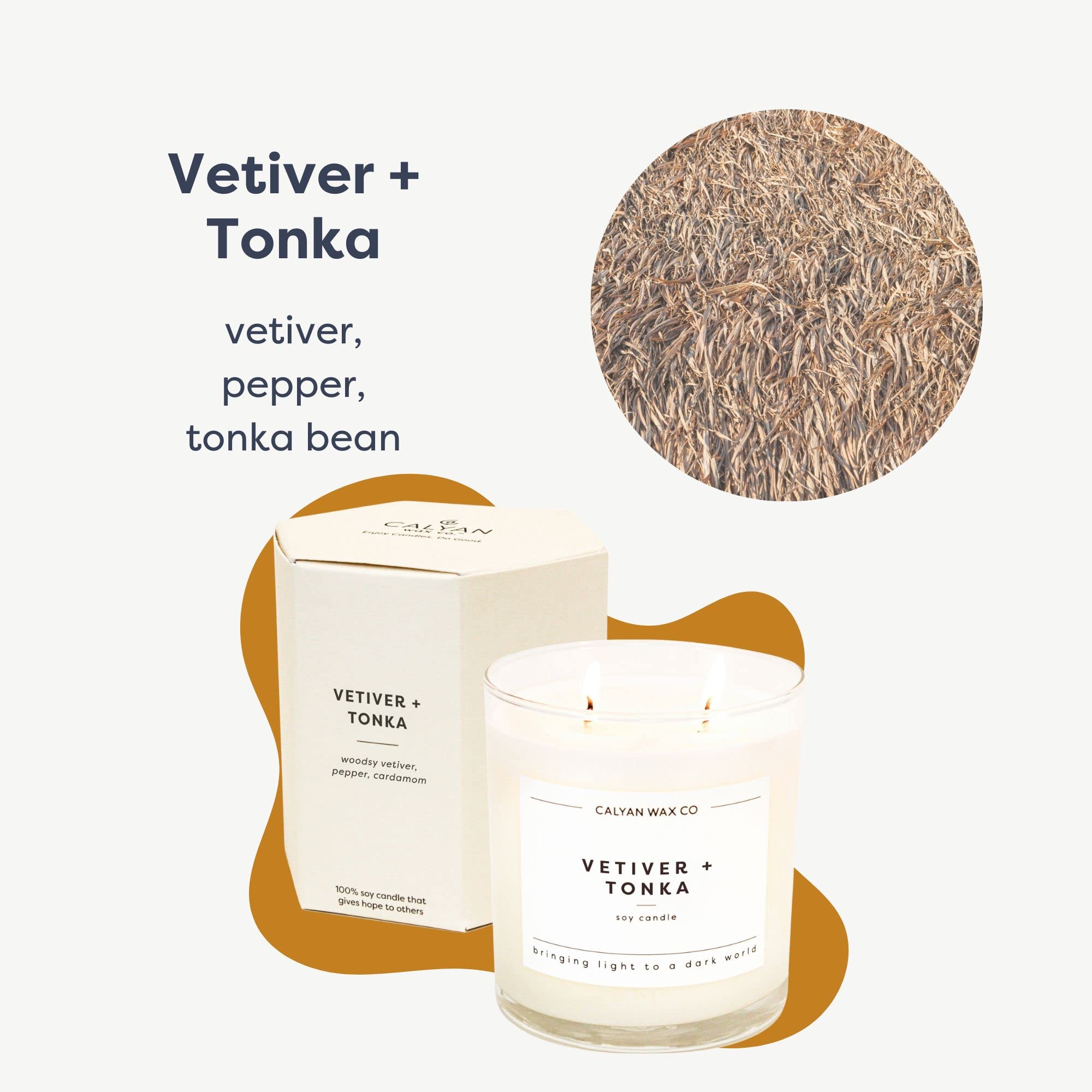 Calyan Wax Co Vetiver Tonka 2 Wick candle close-up shows two wicks for even fragrance.