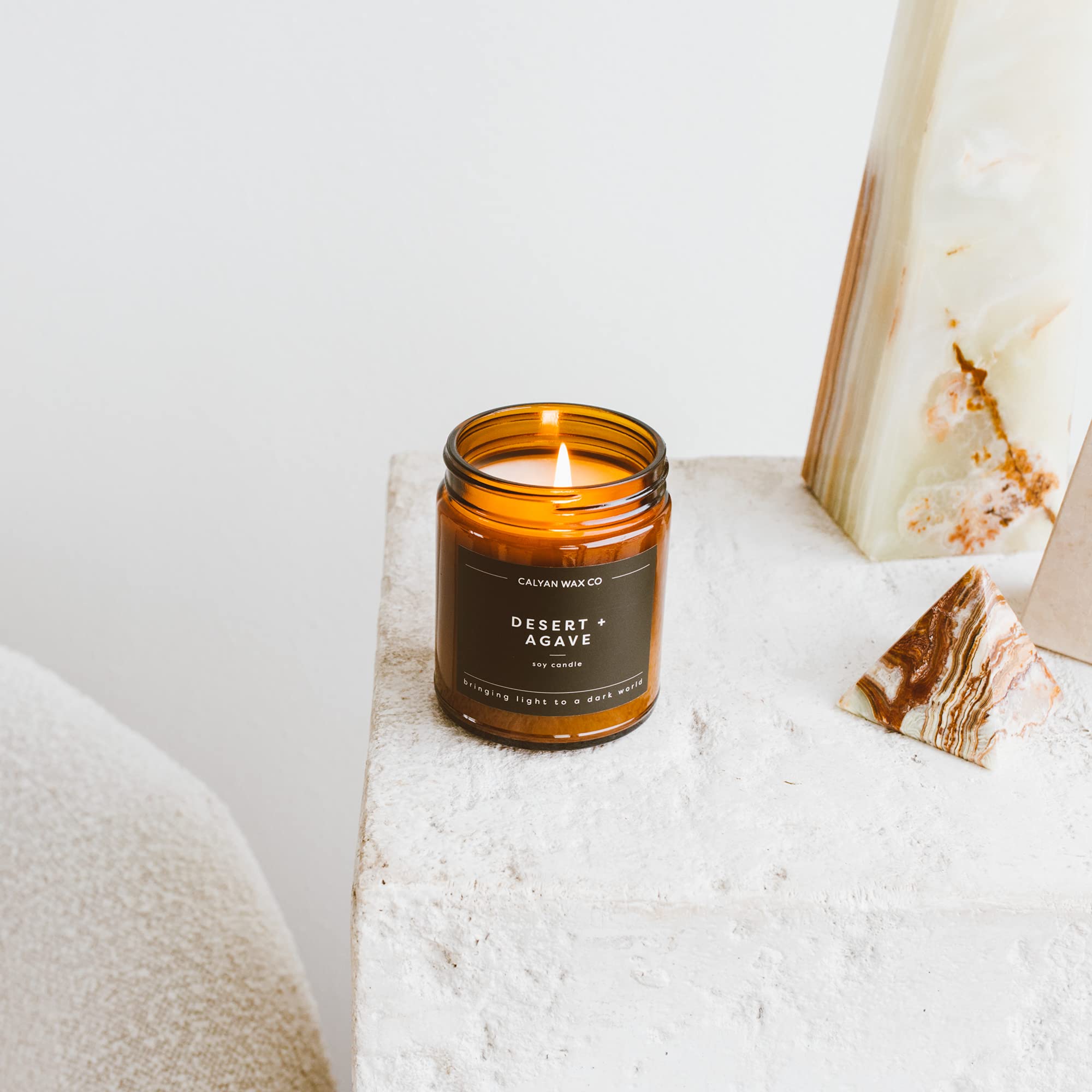 Calyan Wax Co. Desert & Agave amber-jar candle in elegant glass