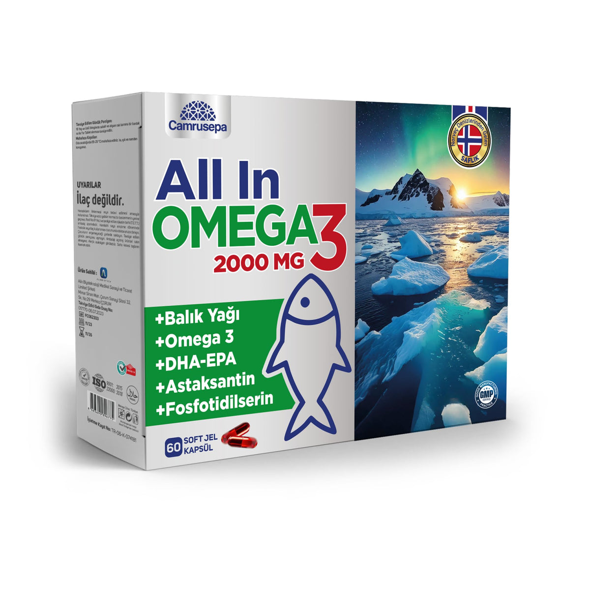 Camrusepa All in Omega-3 softgels bottle shown for convenient daily heart and brain support.