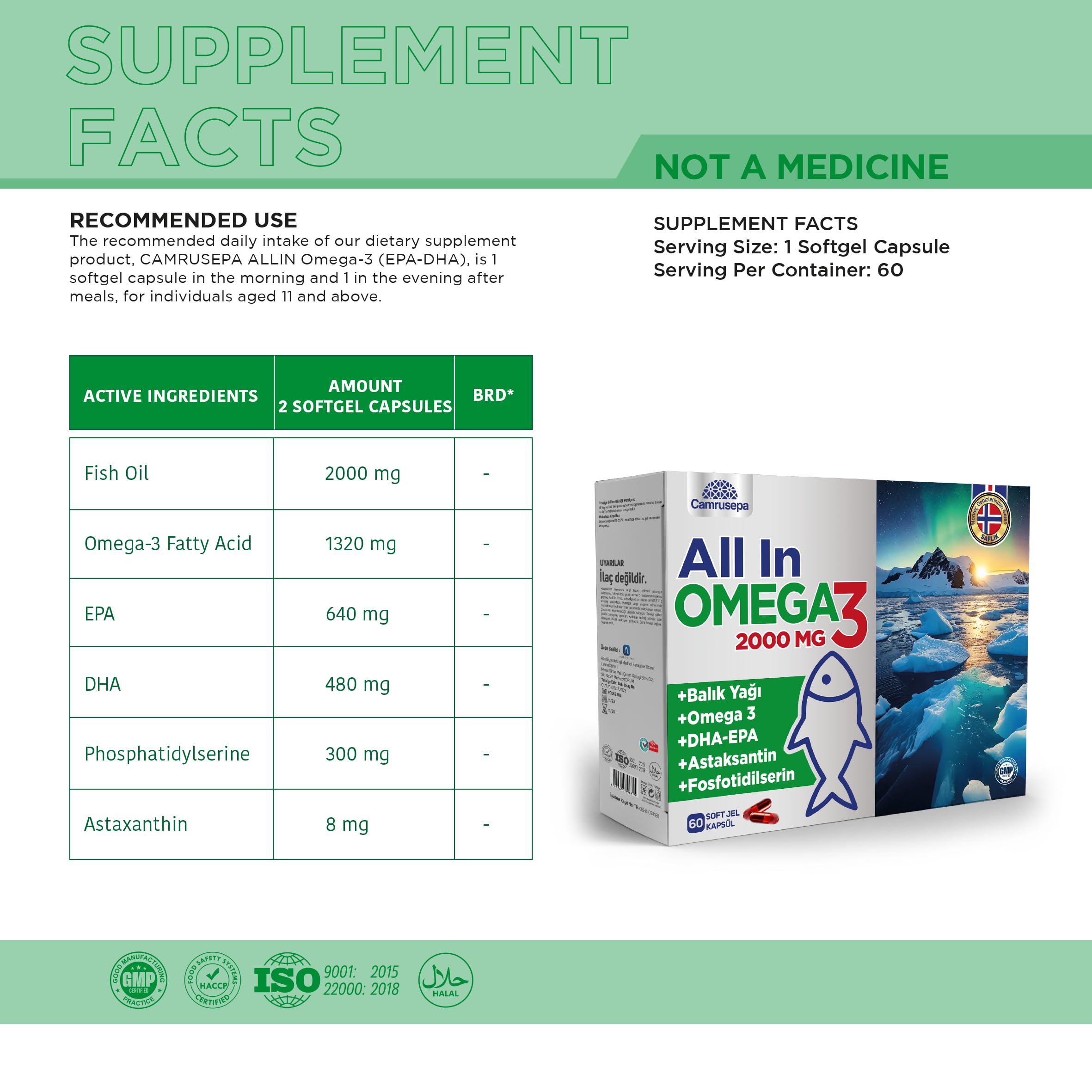 Camrusepa All in Omega-3 softgels daily dose emphasizes simple, consistent use.