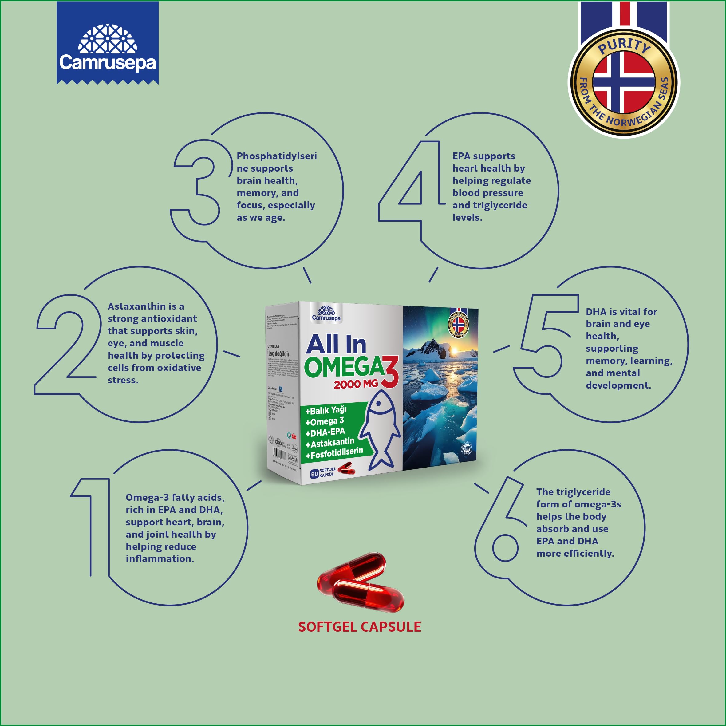 Camrusepa All in Omega-3 softgels packaging featuring astaxanthin and phosphatidylserine.