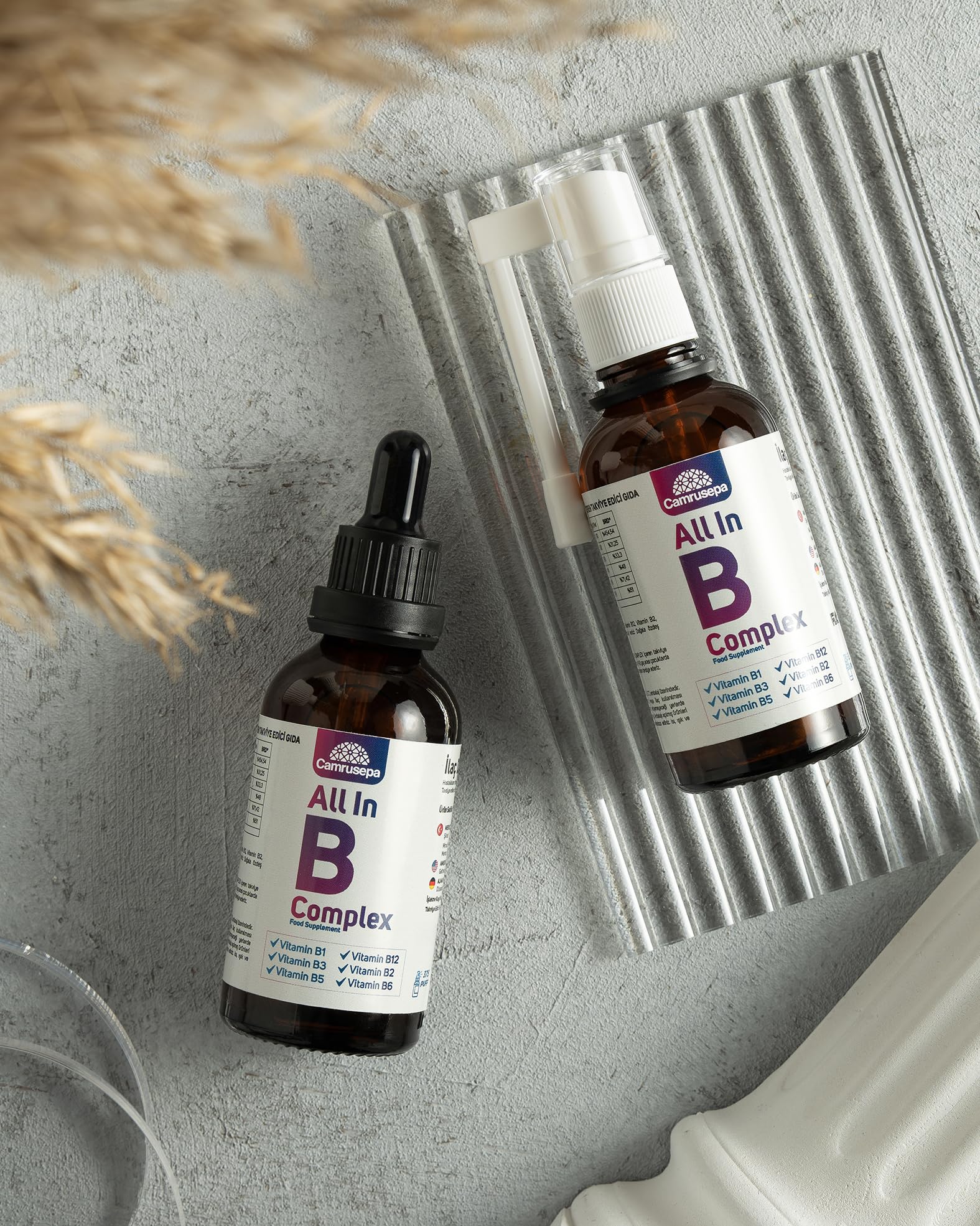 Camrusepa packaging design highlights six vitamins.