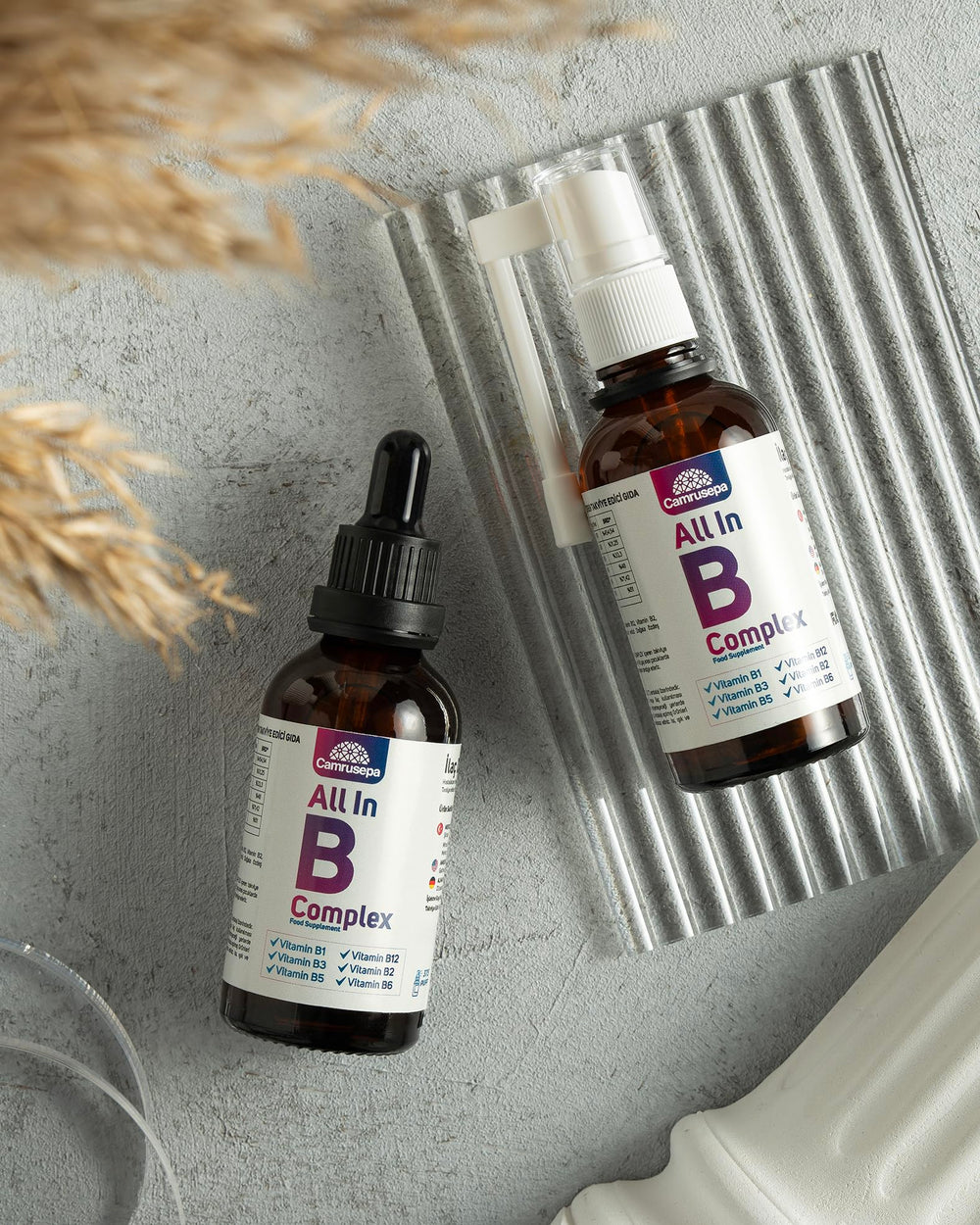 Camrusepa packaging design highlights six vitamins.