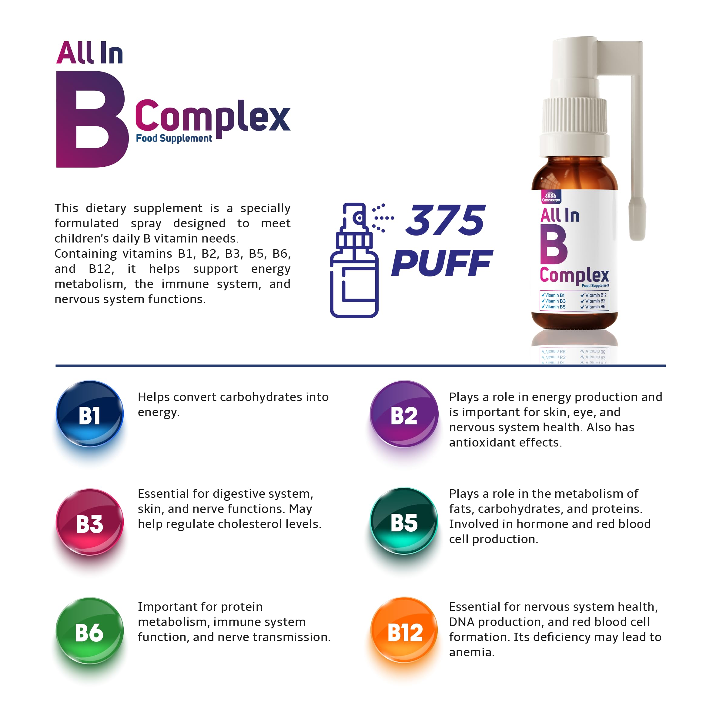 Camrusepa B Vitamin Complex label closeup, clean formulation.
