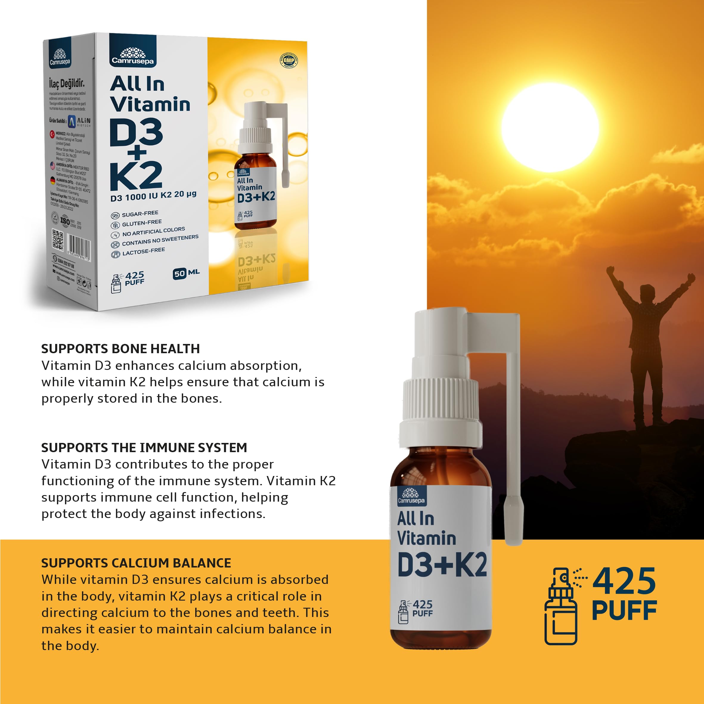 Camrusepa D3+K2 spray dispensed into mouth showing easy application
