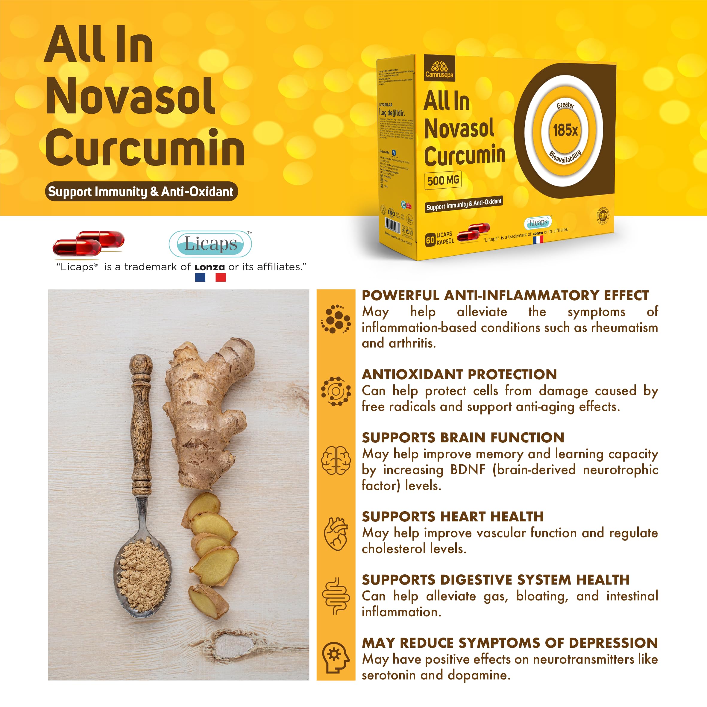 Camrusepa label confirms gluten-free and dairy-free formulation with no artificial additives