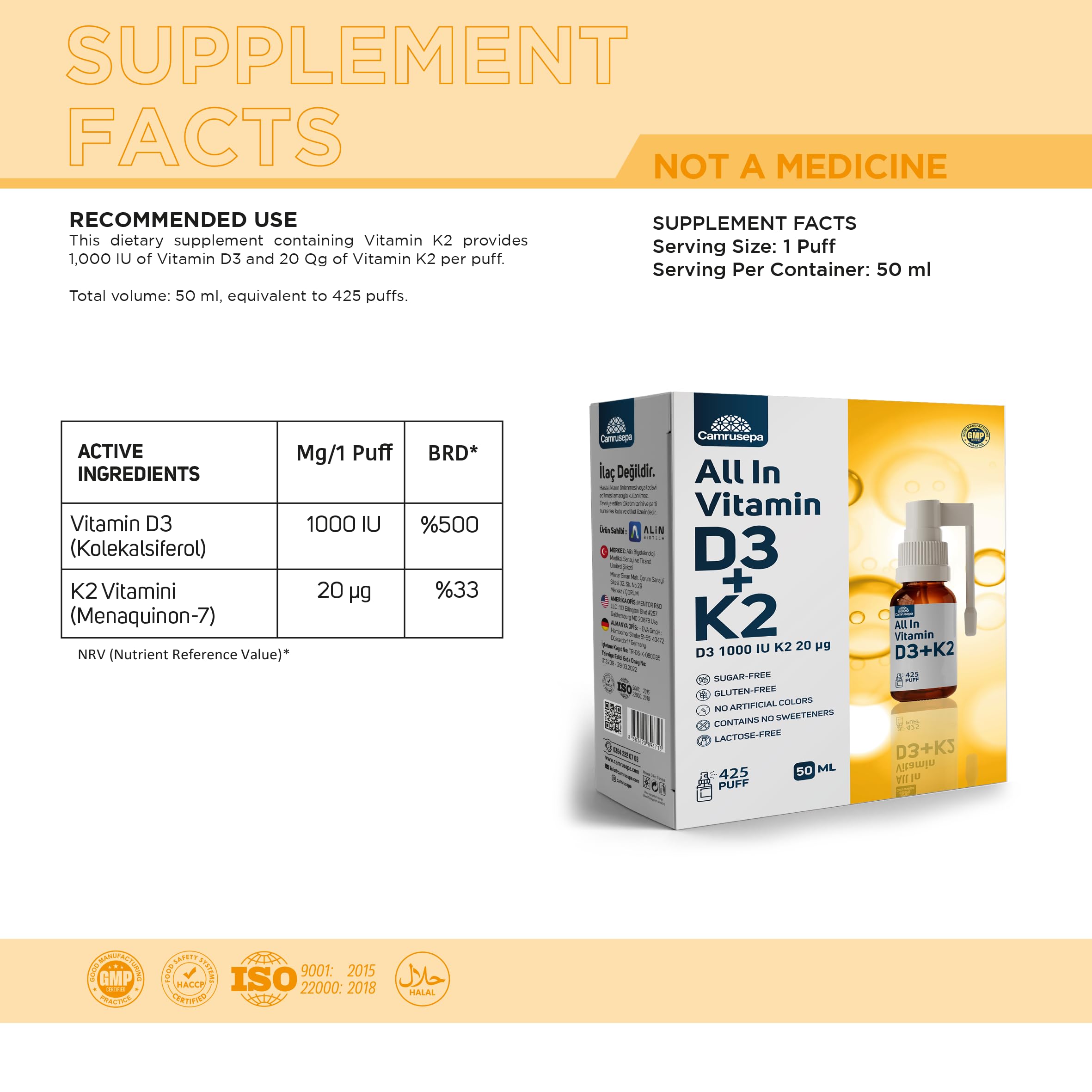 Camrusepa packaging highlights sugar-free and additive-free formula