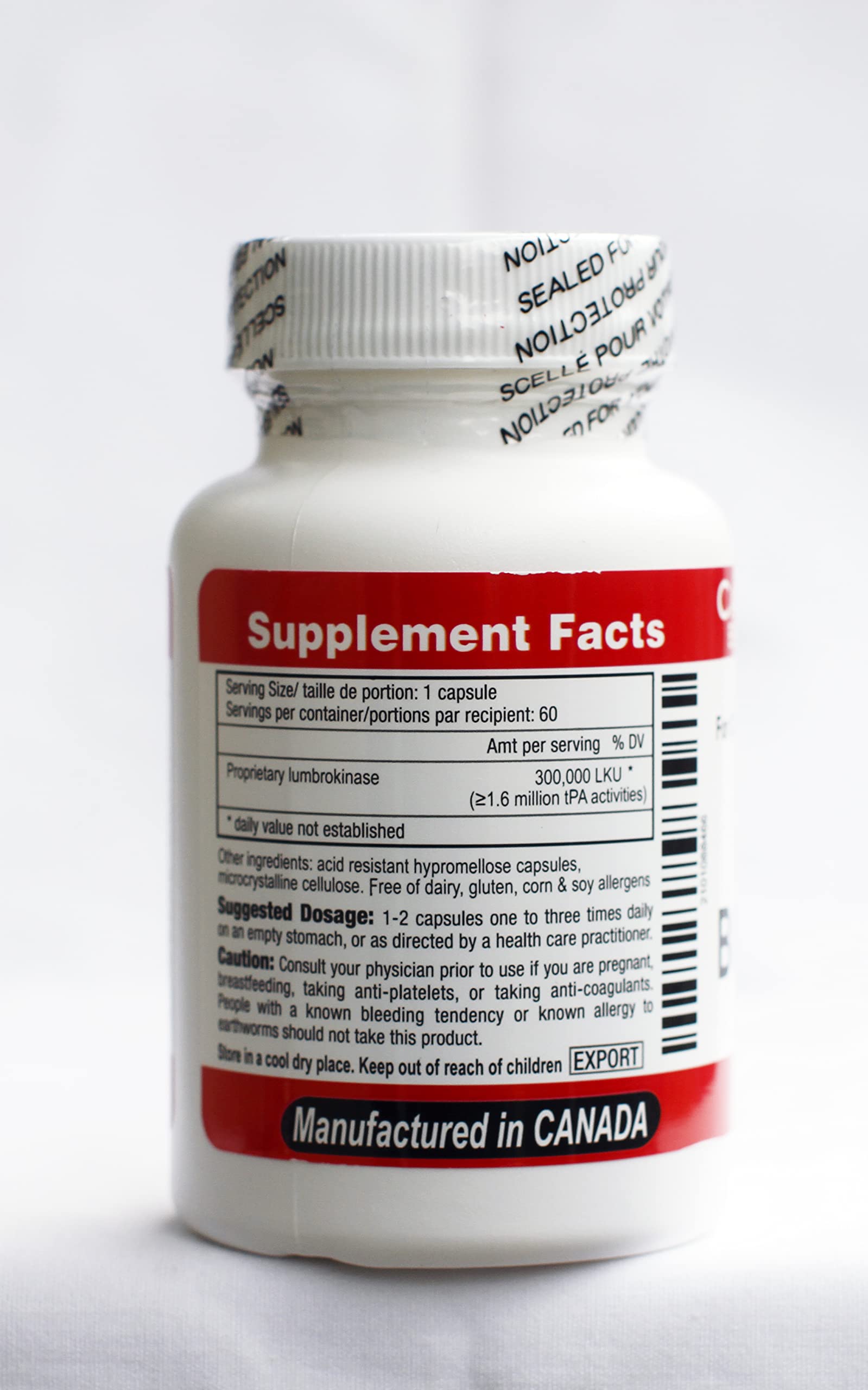 Canada RNA Boluoke capsules close-up highlighting lumbrokinase content for daily use.