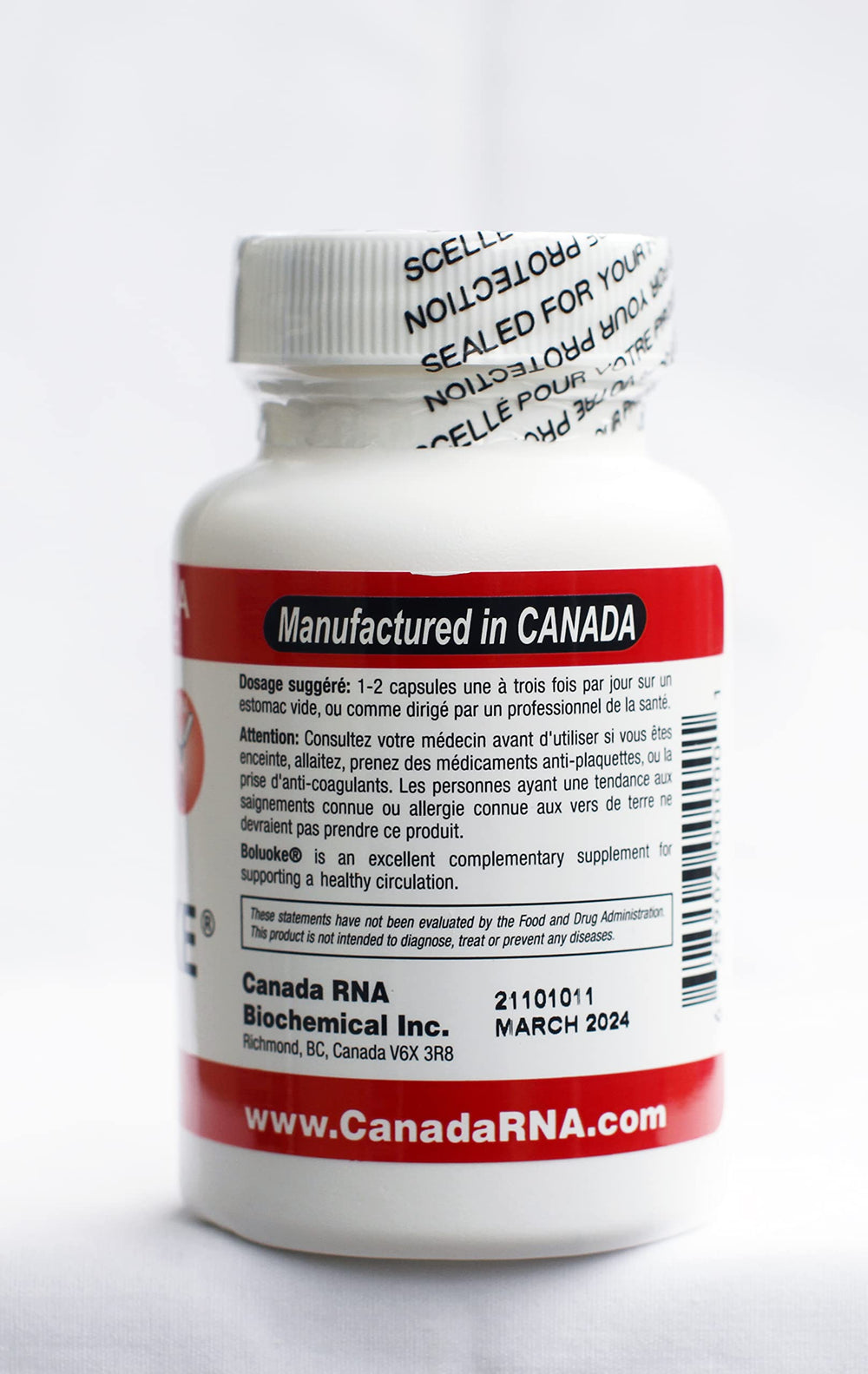 Canada RNA Boluoke label close-up emphasizing allergen-free formulation and quality.