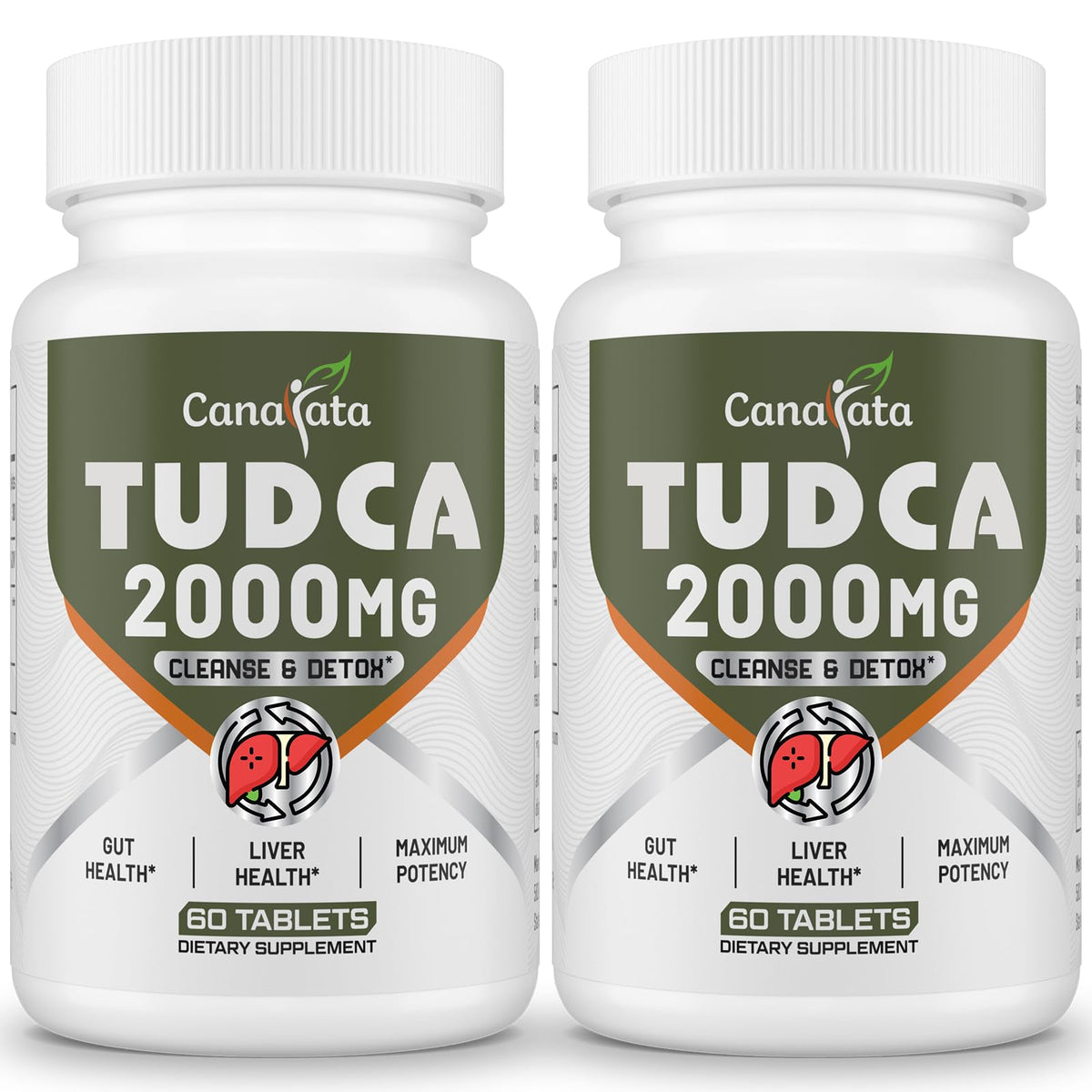 Canarata TUDCA tablets bottle closeup showing easy-to-swallow daily liver support.