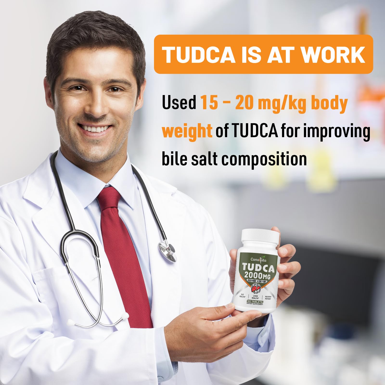 Canarata TUDCA bottle dispensing scene illustrating convenient 60-day supply for ongoing wellness.