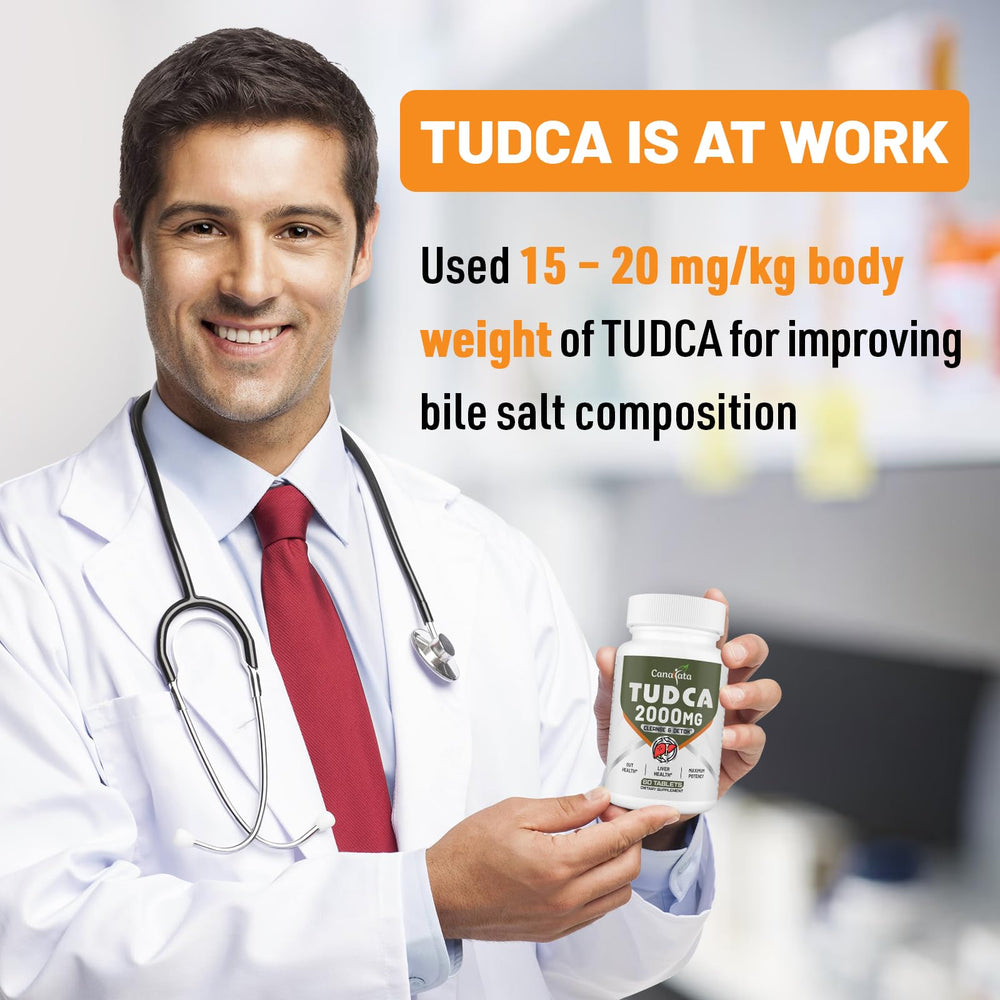 Canarata TUDCA bottle dispensing scene illustrating convenient 60-day supply for ongoing wellness.