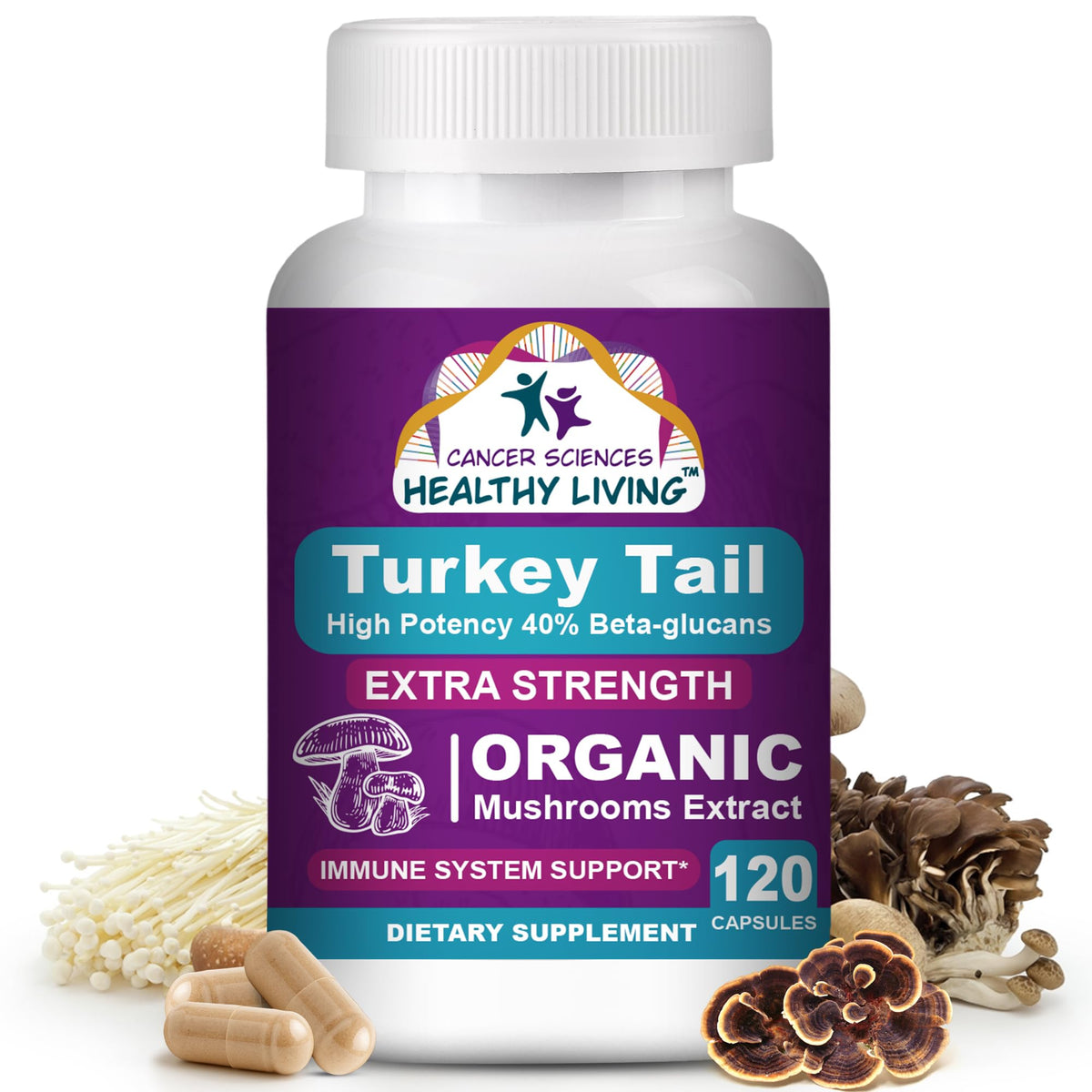Cancer Sciences Turkey Tail wellness mushrooms bottle with capsules for daily immune support