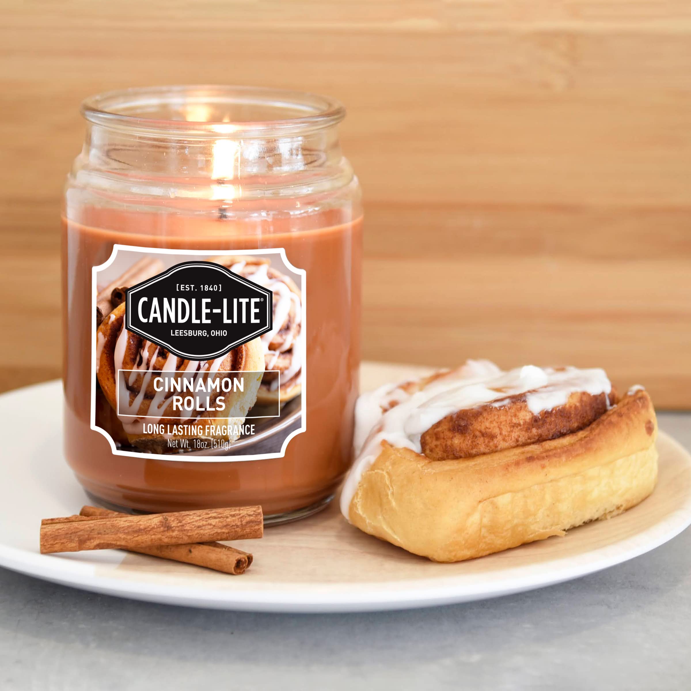 Aromas of warm cinnamon and pecan from Candle-lite candle
