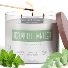 Candle-Lite Essential Elements Eucalyptus and Mint close-up with triple-wick burn for ambient living space.