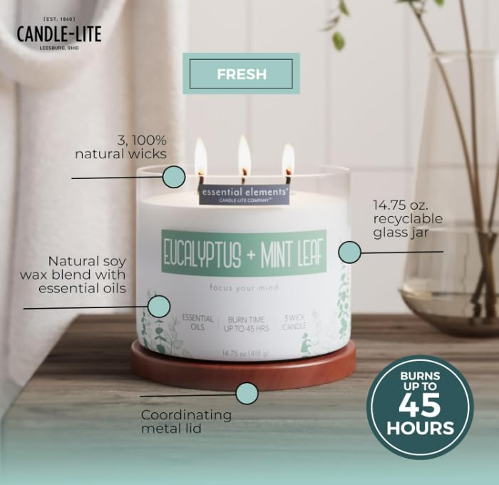 Candle-Lite Essential Elements Eucalyptus and Mint candle lid close-up highlighting rustic, elegant design.