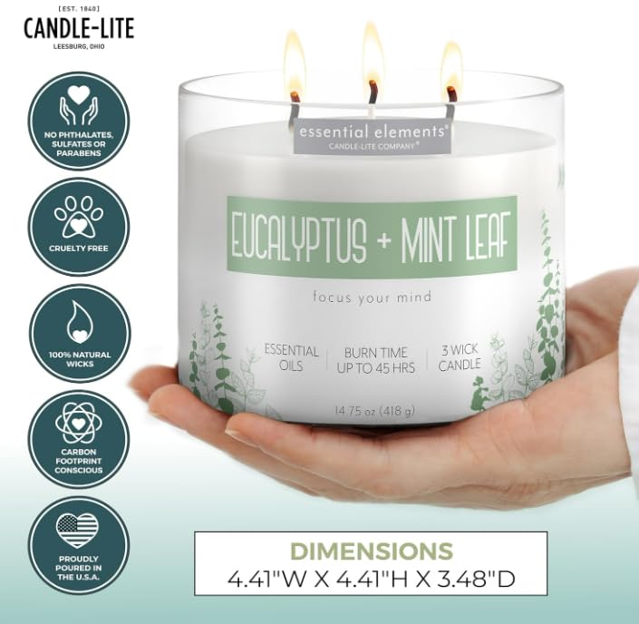 Candle-Lite Essential Elements Eucalyptus and Mint three-wick burn showcasing steady fragrance release.