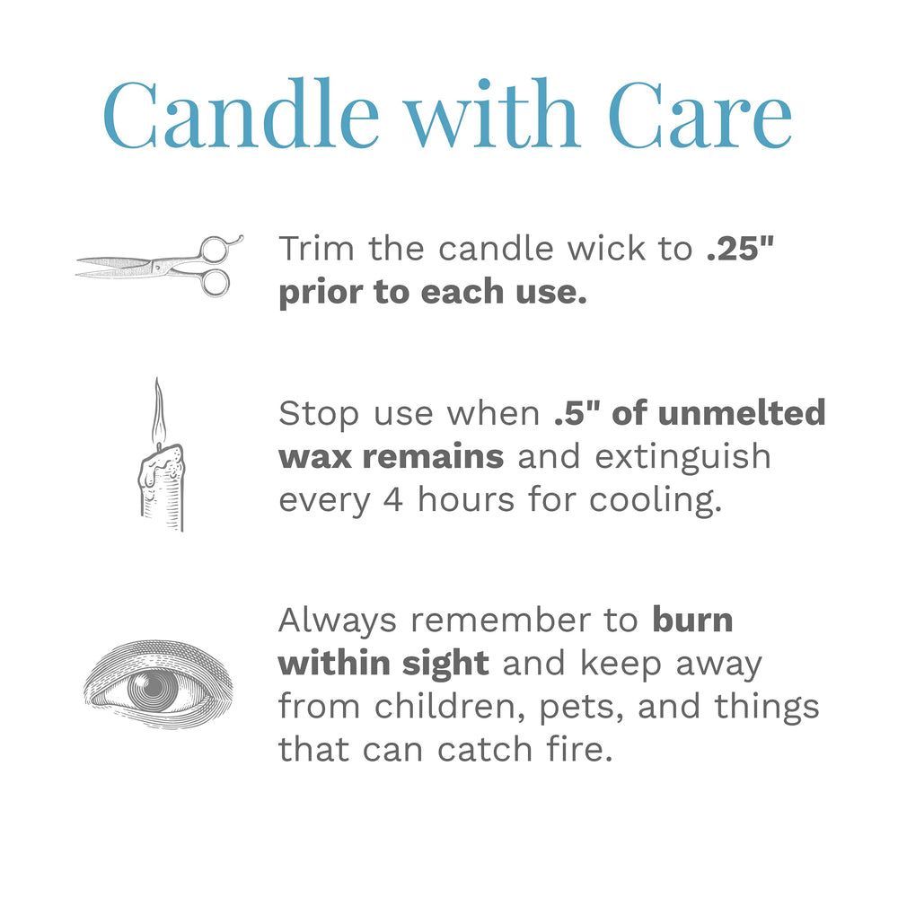 Wick-trim guide image demonstrates proper maintenance for a cleaner burn.