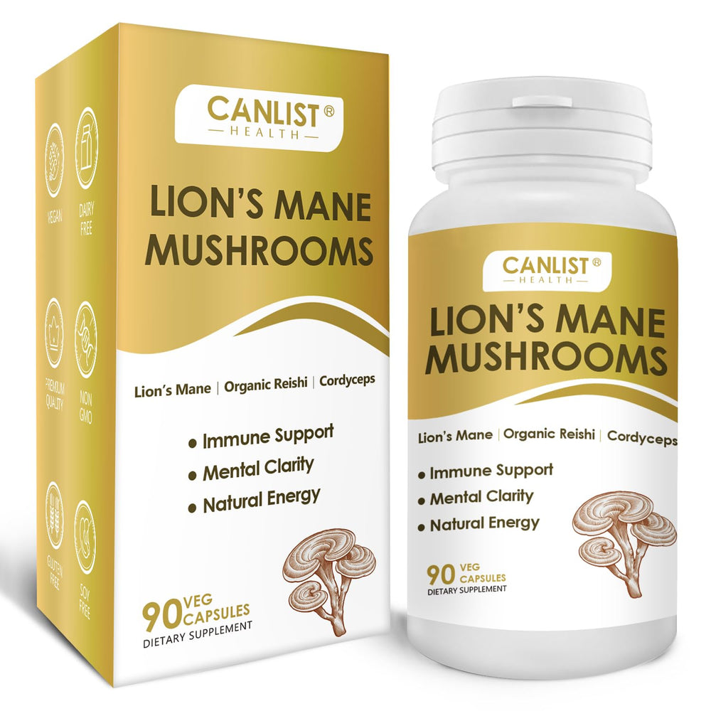CANLIST Organic Mushroom Complex bottle showcases capsules for daily wellness support.