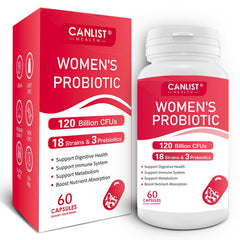 CANLIST Women's Probiotics bottle shows 120B CFUs and 18 strains for daily gut balance