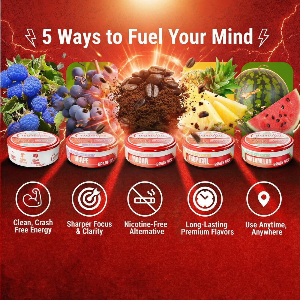 Caffeine boost icon highlights energy support in Cannadips pouch
