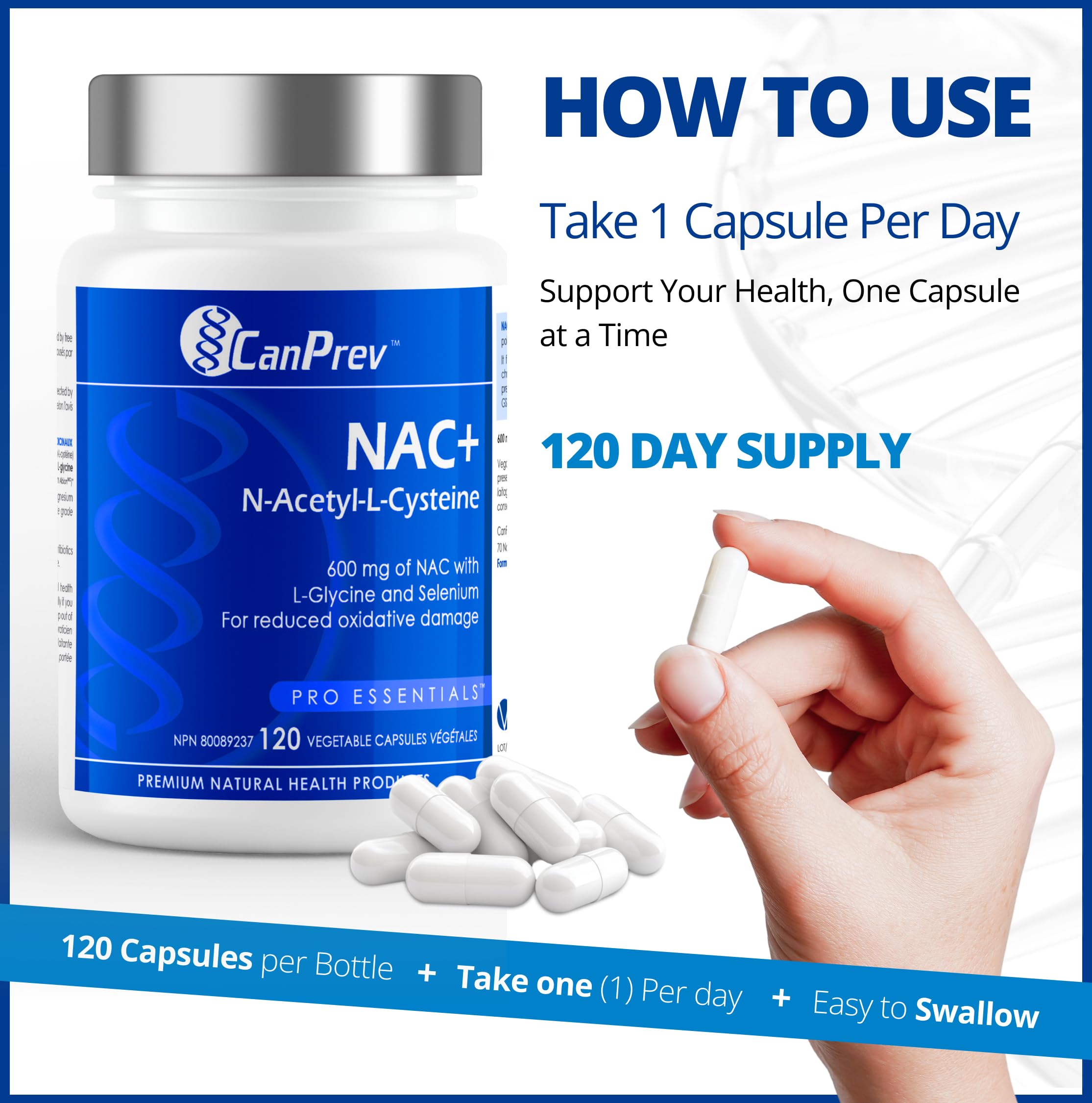 CanPrev NAC+ label detail showing key ingredients: NAC, L-Glycine, selenium