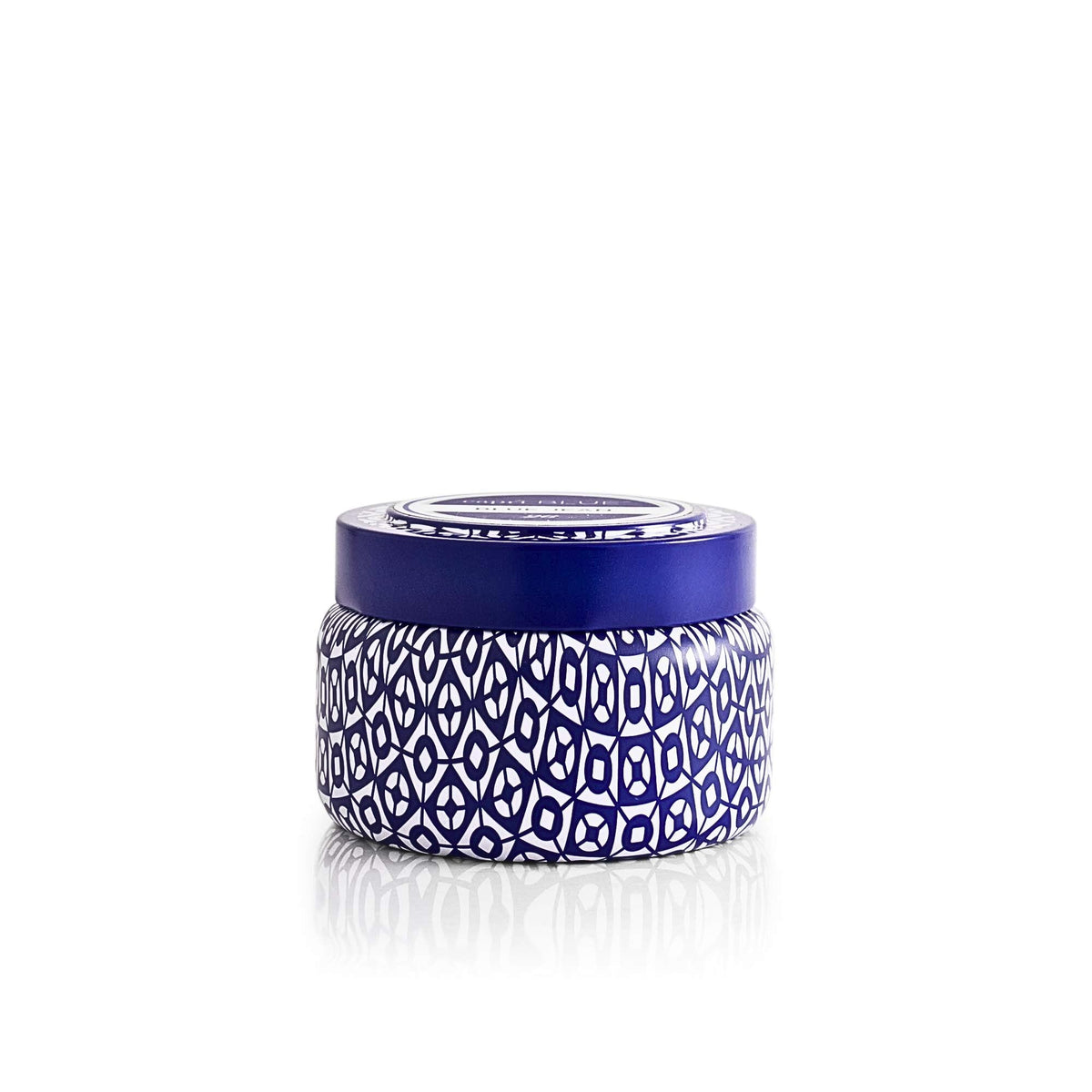 Capri Blue Blue Jean travel tin front view, portable luxury ambiance.