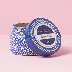 Capri Blue Blue Jean travel tin side view, stylish decor accent.