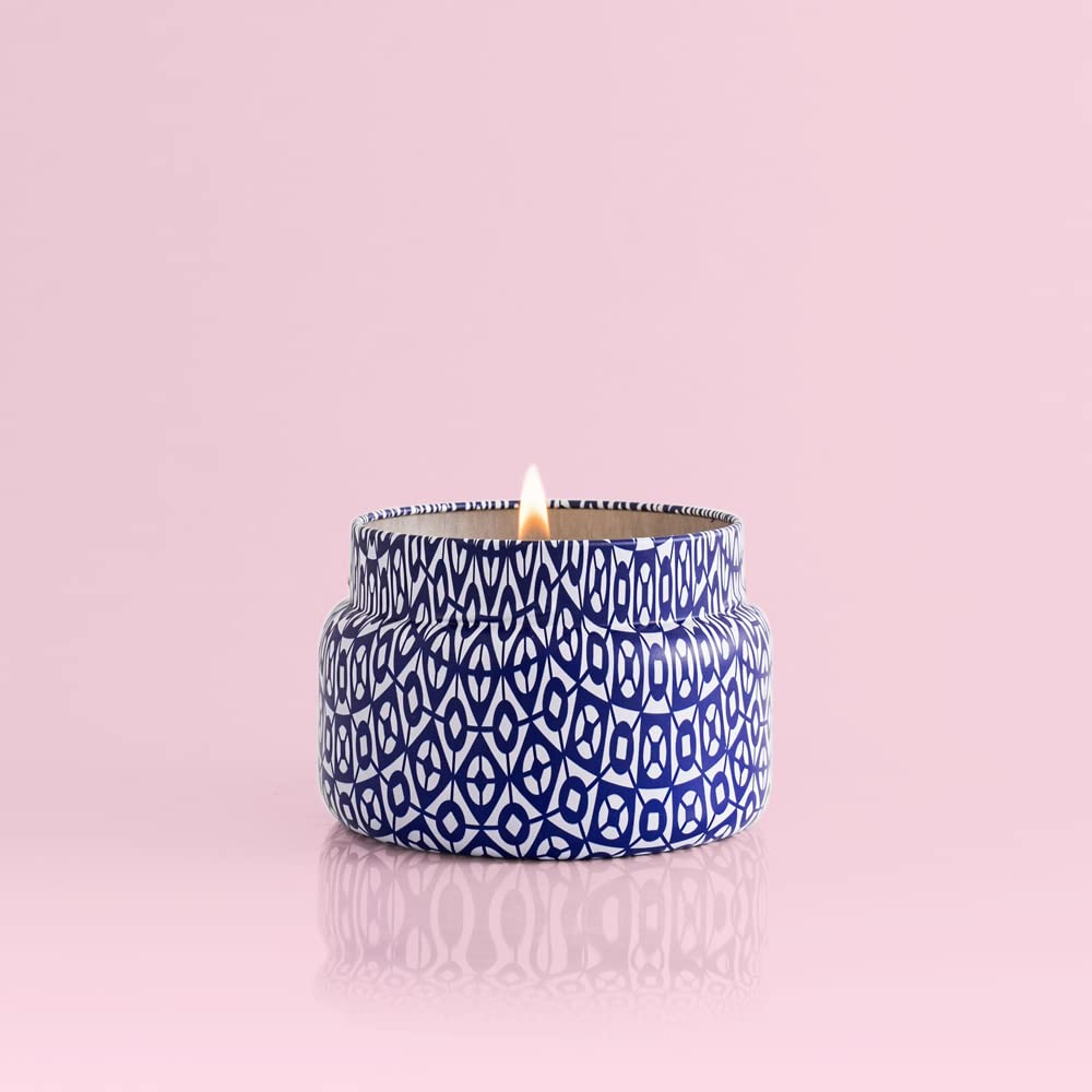 Capri Blue Blue Jean travel tin top view, blue-white decorative design.
