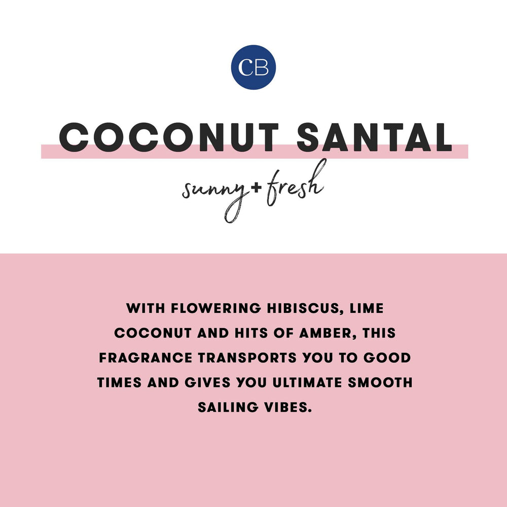 Capri Blue Coconut Santal label close-up highlights hibiscus, lime, amber notes.