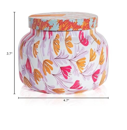 Capri Blue Pattern Play candle on shelf adds decorative charm and scent.
