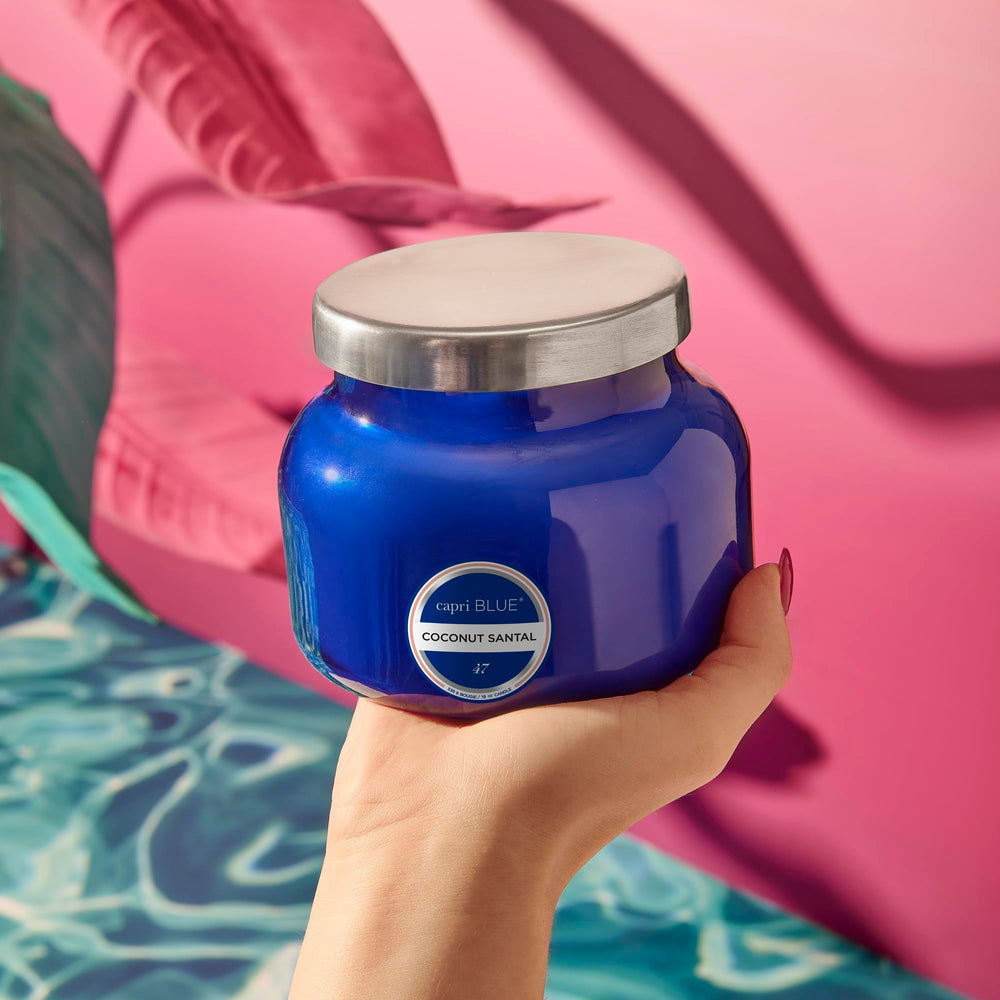 Capri Blue Honeydew Crush Petite Jar side view highlights cobalt glass