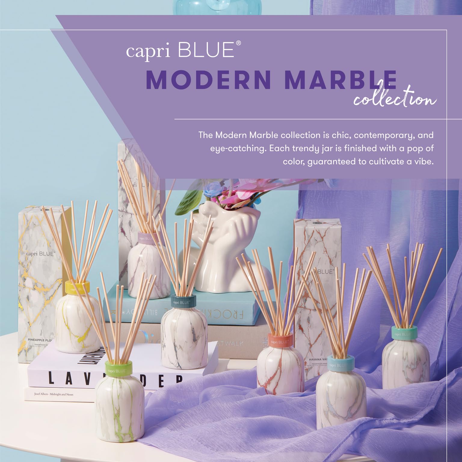 Capri Blue marble design diffuser complements vanity and living spaces.