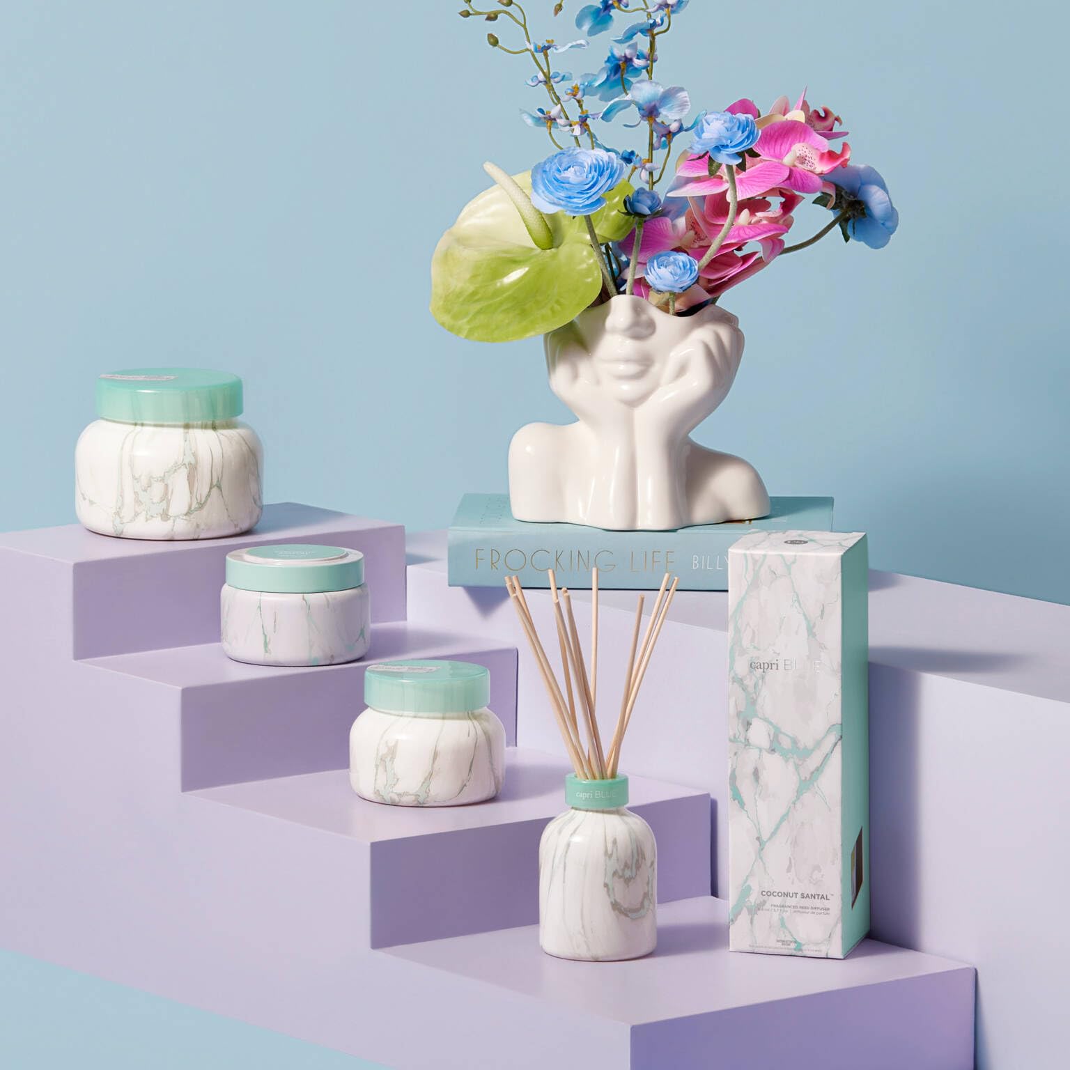 Capri Blue etched glass collar adds a chic contemporary detail.
